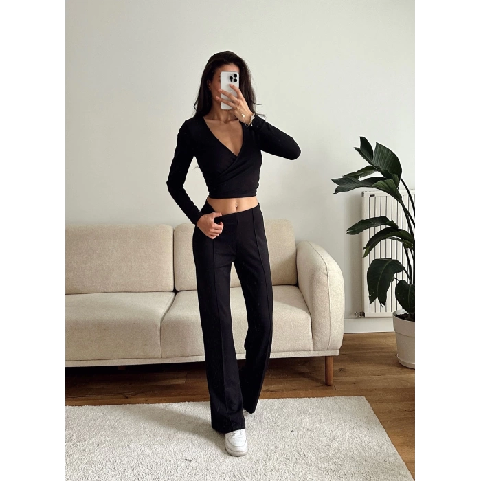 Kruvaze Bağlamalı Crop & Pantolon Takım - SİYAH