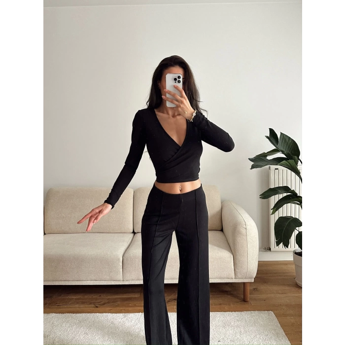Kruvaze Bağlamalı Crop & Pantolon Takım - SİYAH