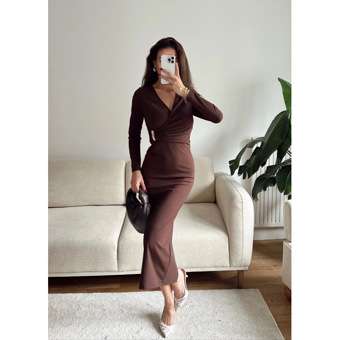 Kruvaze Bel Aksesuar Elbise - KAHVE