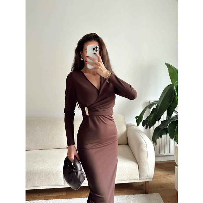 Kruvaze Bel Aksesuar Elbise - KAHVE