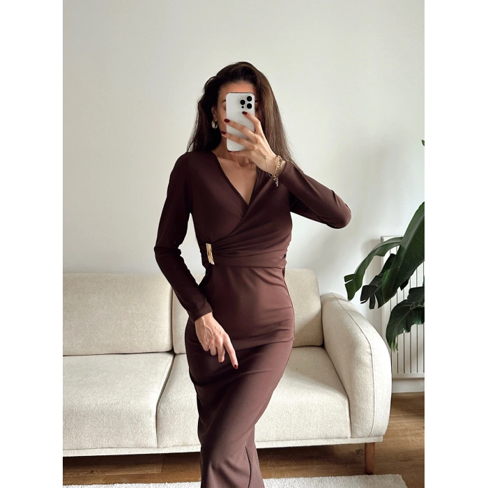 Kruvaze Bel Aksesuar Elbise - KAHVE