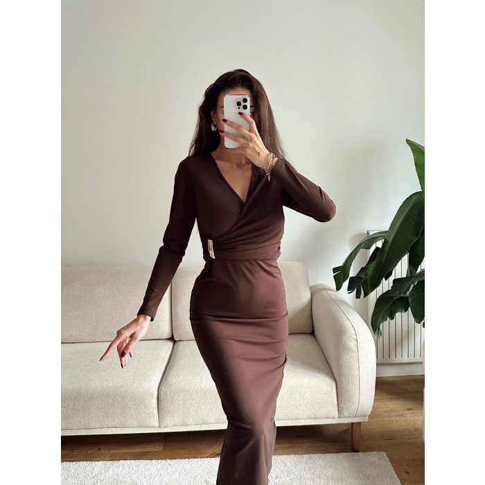 Kruvaze Bel Aksesuar Elbise - KAHVE