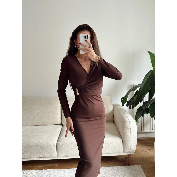 Kruvaze Bel Aksesuar Elbise - KAHVE