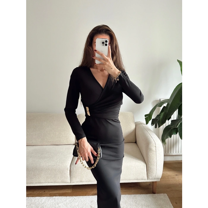 Kruvaze Bel Aksesuar Elbise - SİYAH