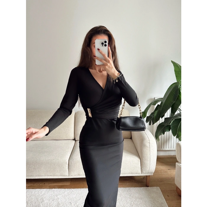 Kruvaze Bel Aksesuar Elbise - SİYAH