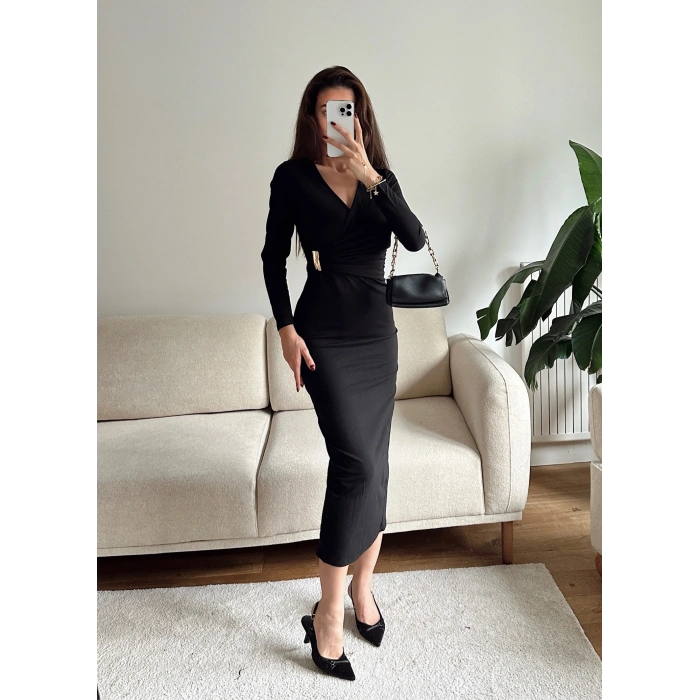 Kruvaze Bel Aksesuar Elbise - SİYAH