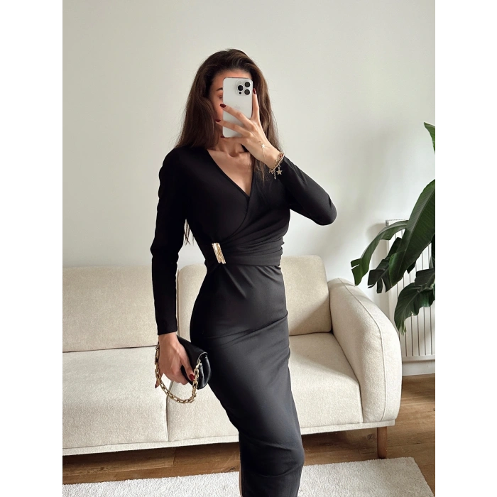 Kruvaze Bel Aksesuar Elbise - SİYAH