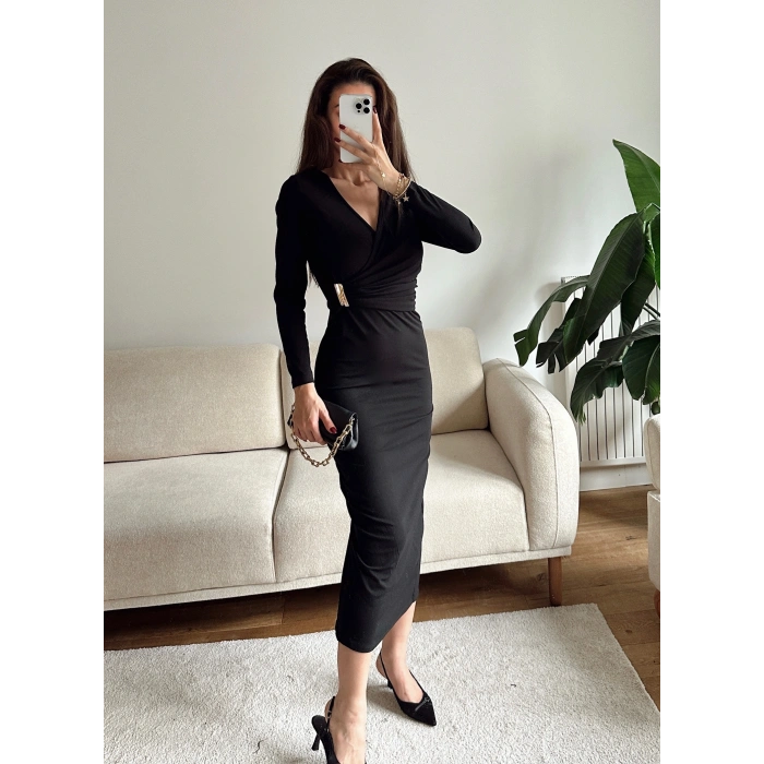 Kruvaze Bel Aksesuar Elbise - SİYAH