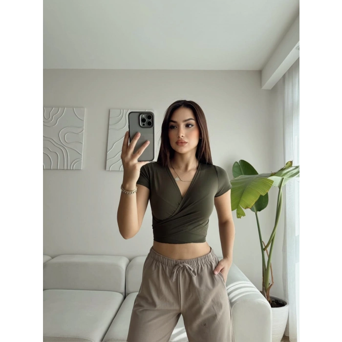 Kruvaze Bel Bağlamalı Crop - HAKİ