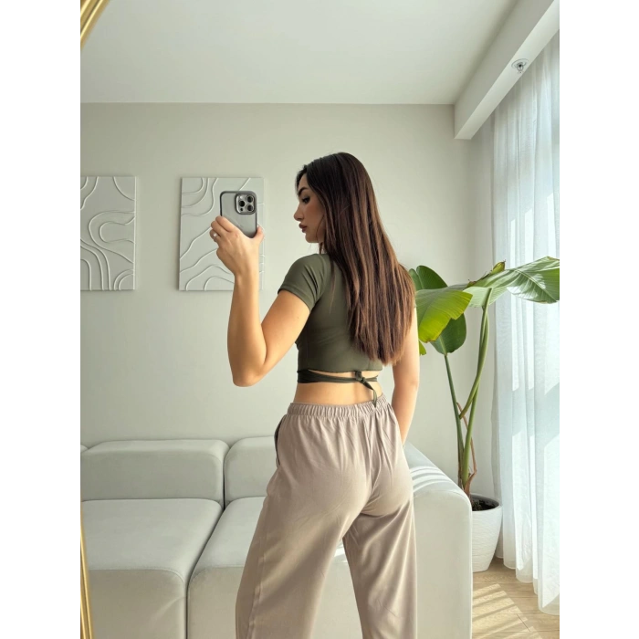 Kruvaze Bel Bağlamalı Crop - HAKİ