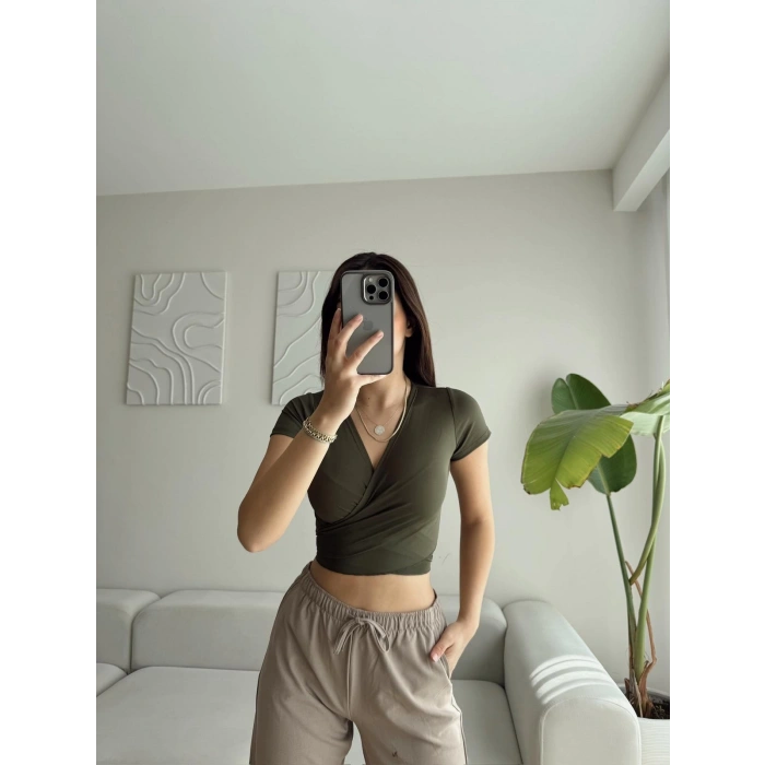 Kruvaze Bel Bağlamalı Crop - HAKİ