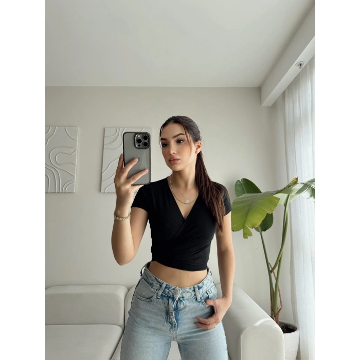 Kruvaze Bel Bağlamalı Crop - SİYAH