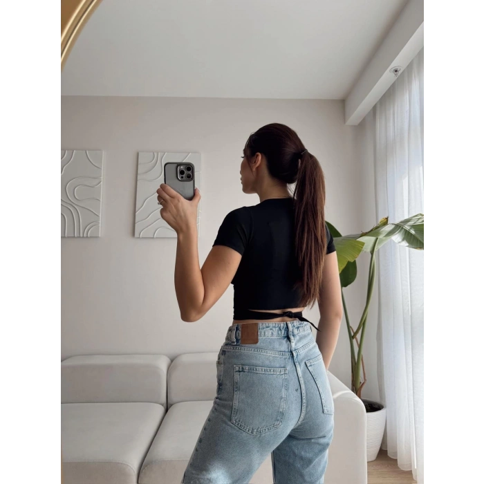 Kruvaze Bel Bağlamalı Crop - SİYAH
