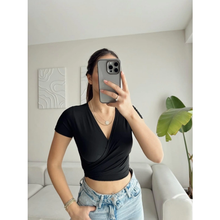 Kruvaze Bel Bağlamalı Crop - SİYAH