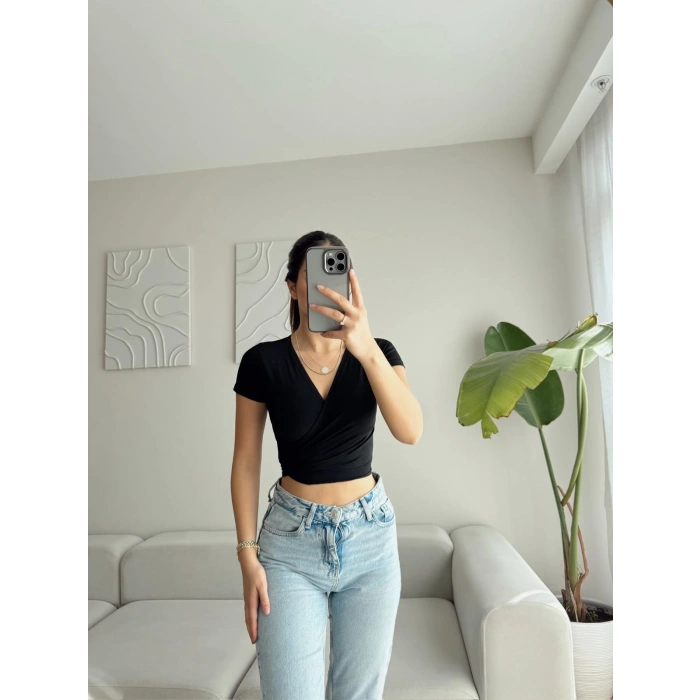 Kruvaze Bel Bağlamalı Crop - SİYAH