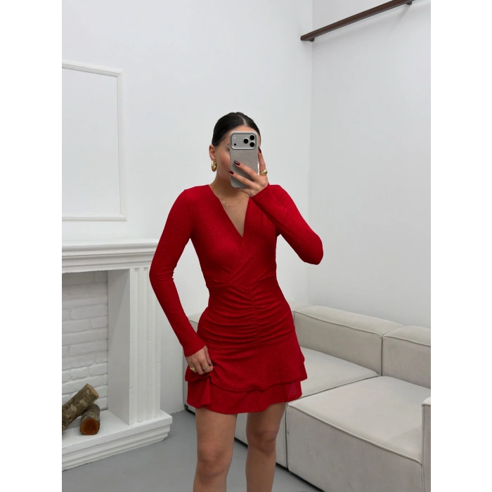 Kruvaze Bel Büzgü Simli Elbise - KIRMIZI