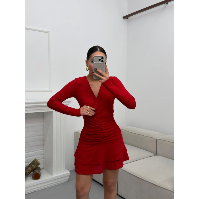 Kruvaze Bel Büzgü Simli Elbise - KIRMIZI