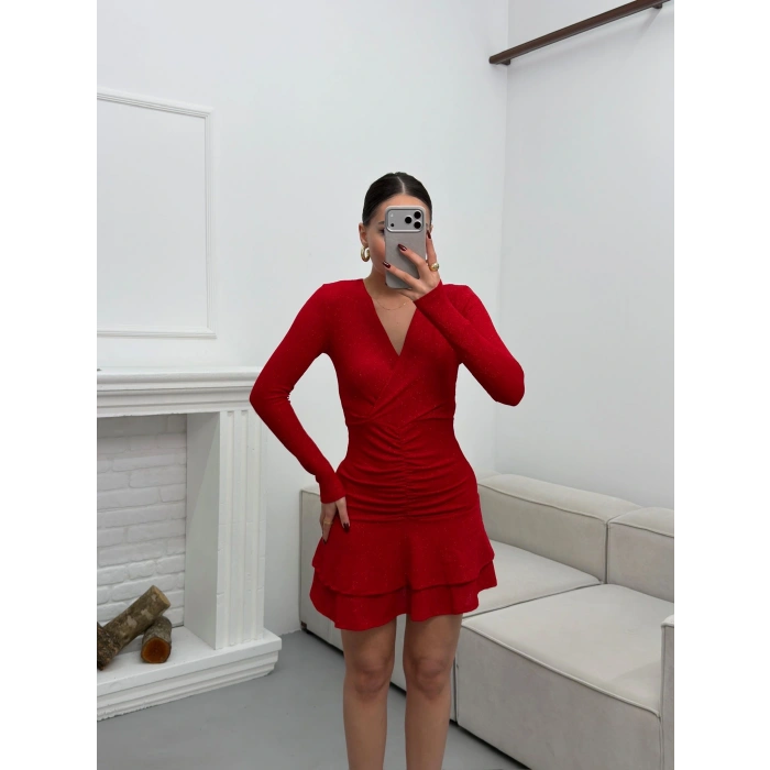 Kruvaze Bel Büzgü Simli Elbise - KIRMIZI