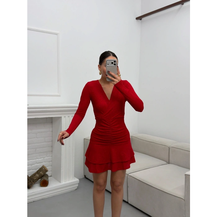 Kruvaze Bel Büzgü Simli Elbise - KIRMIZI