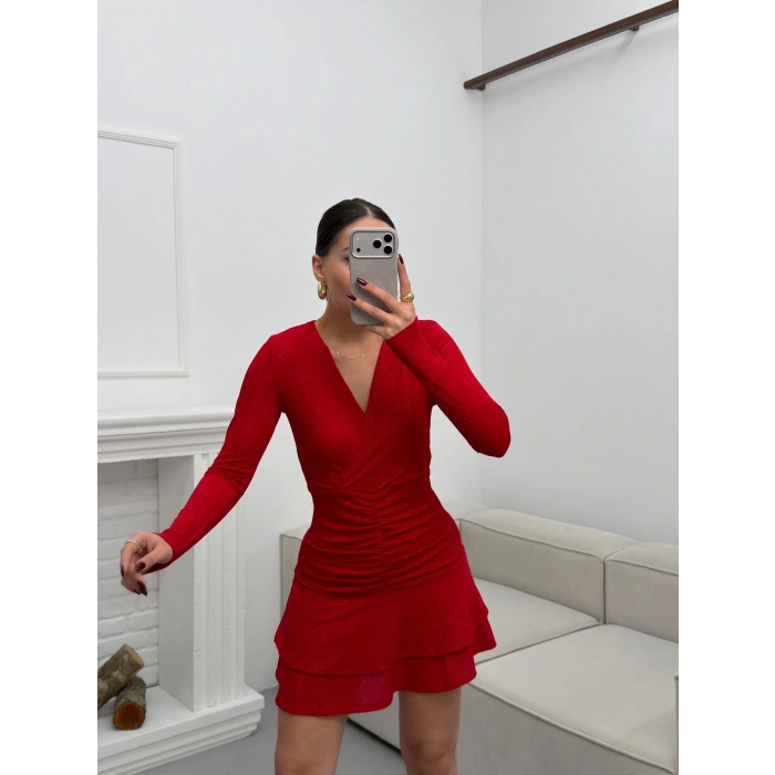 Kruvaze Bel Büzgü Simli Elbise - KIRMIZI