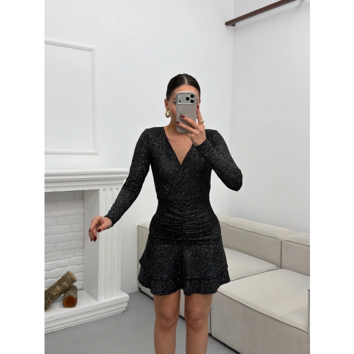 Kruvaze Bel Büzgü Simli Elbise - SİYAH