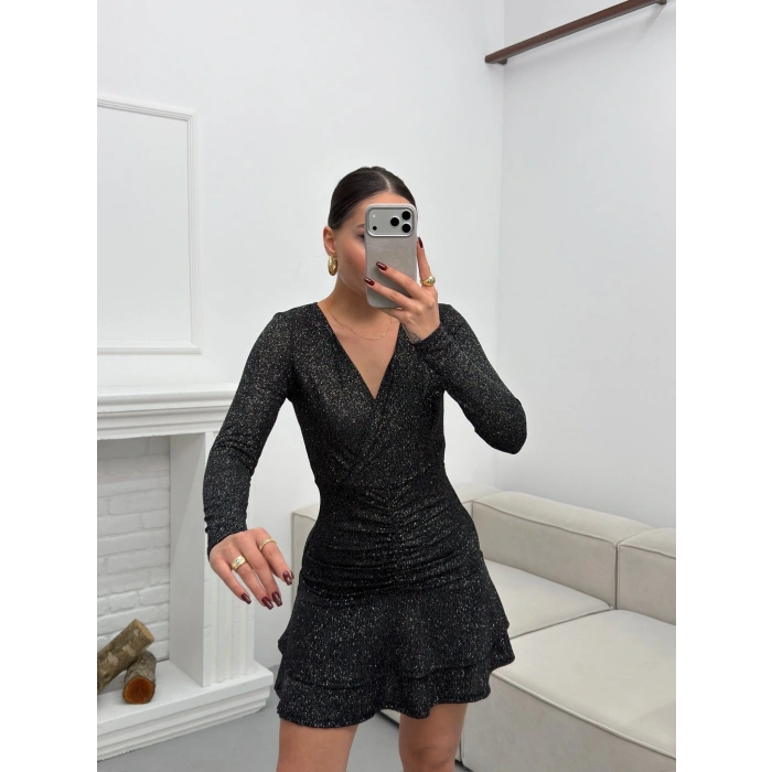 Kruvaze Bel Büzgü Simli Elbise - SİYAH