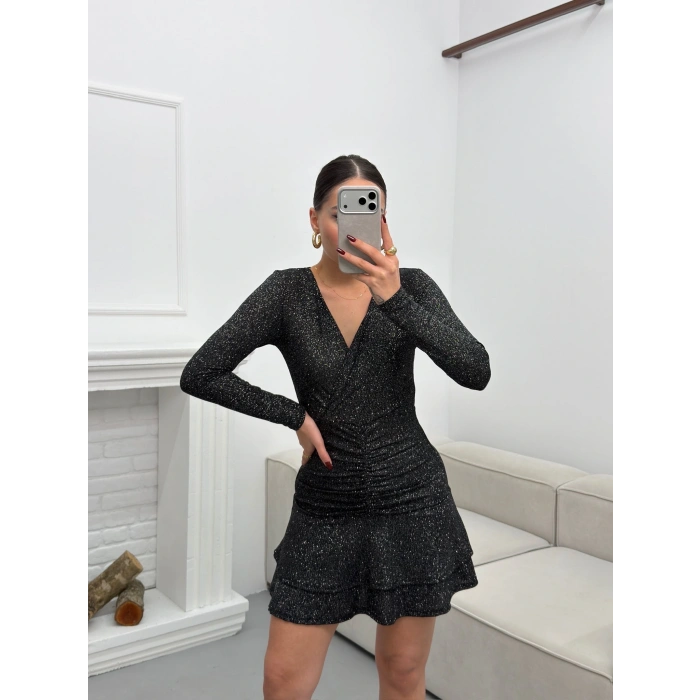 Kruvaze Bel Büzgü Simli Elbise - SİYAH