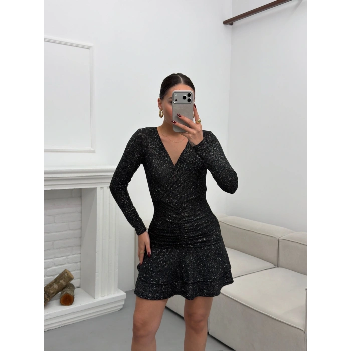 Kruvaze Bel Büzgü Simli Elbise - SİYAH