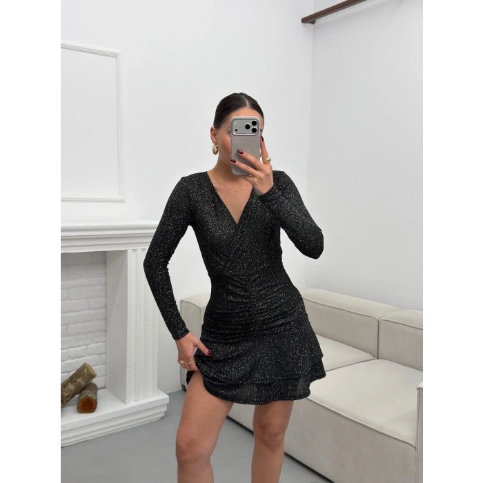 Kruvaze Bel Büzgü Simli Elbise - SİYAH