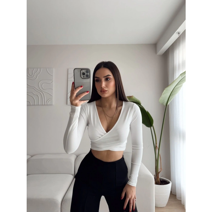 Kruvaze Crop Bluz - BEYAZ