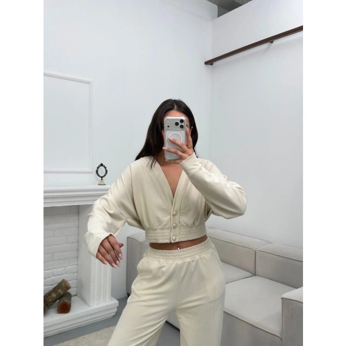 Kruvaze Hırka & Pantolon İkili Takım - BEJ