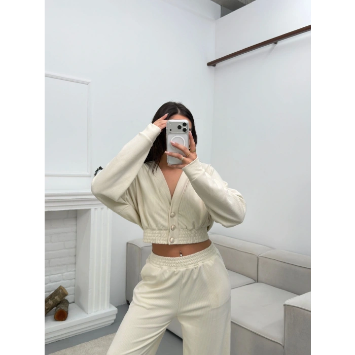 Kruvaze Hırka & Pantolon İkili Takım - BEJ