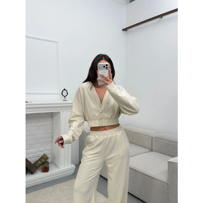 Kruvaze Hırka & Pantolon İkili Takım - BEJ