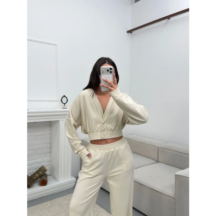 Kruvaze Hırka & Pantolon İkili Takım - BEJ