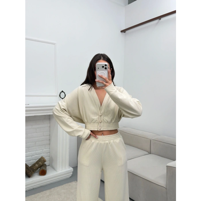 Kruvaze Hırka & Pantolon İkili Takım - BEJ