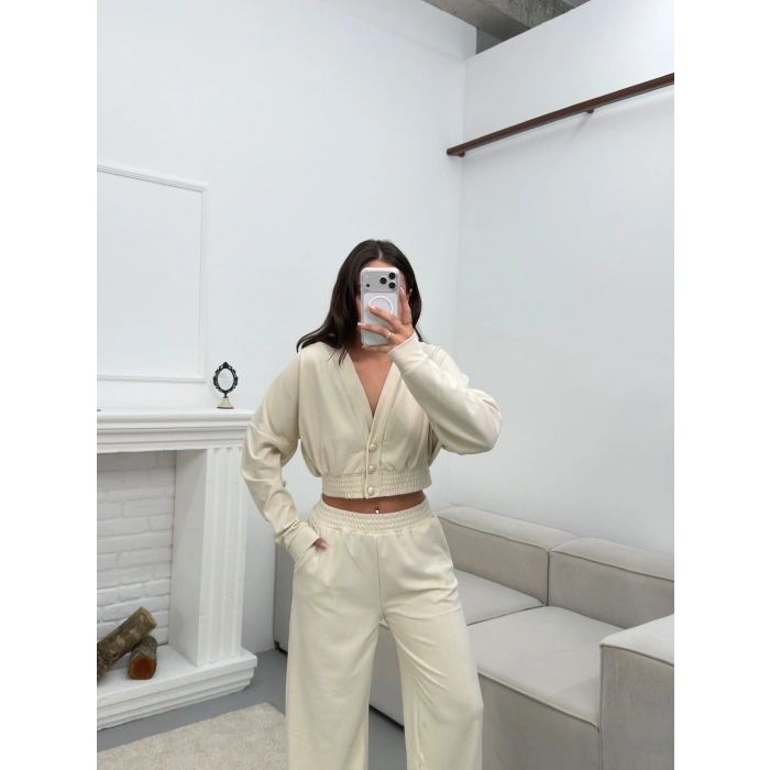 Kruvaze Hırka & Pantolon İkili Takım - BEJ