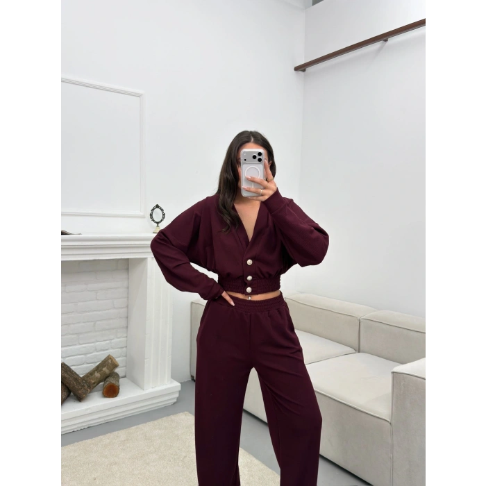 Kruvaze Hırka & Pantolon İkili Takım - BORDO