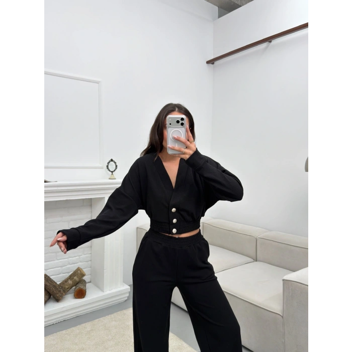 Kruvaze Hırka & Pantolon İkili Takım - SİYAH