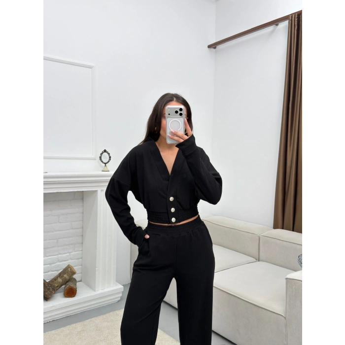 Kruvaze Hırka & Pantolon İkili Takım - SİYAH