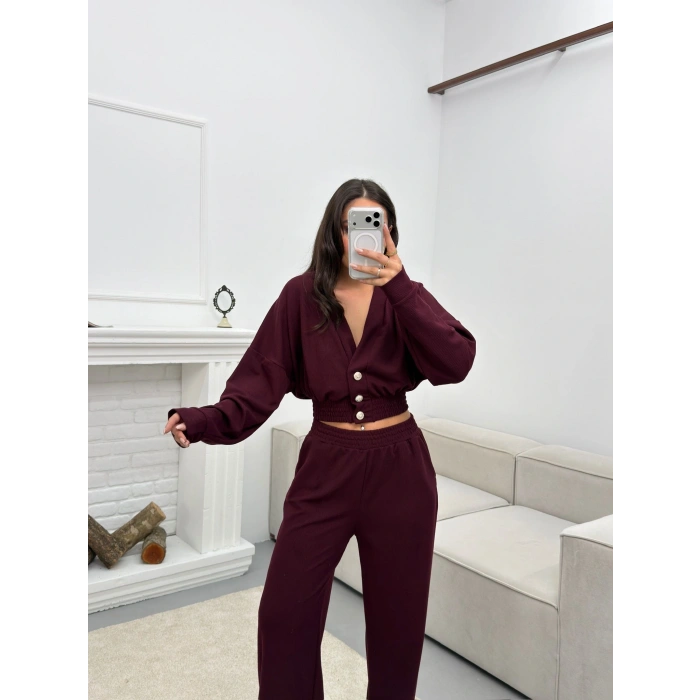 Kruvaze Hırka & Pantolon İkili Takım - BORDO