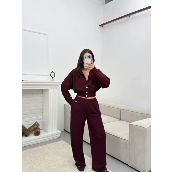 Kruvaze Hırka & Pantolon İkili Takım - BORDO