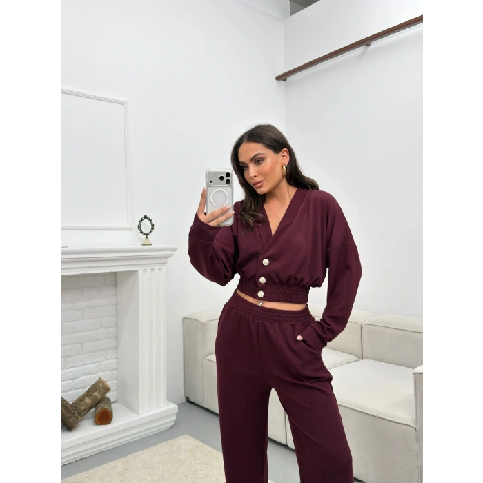 Kruvaze Hırka & Pantolon İkili Takım - BORDO