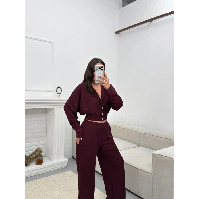 Kruvaze Hırka & Pantolon İkili Takım - BORDO