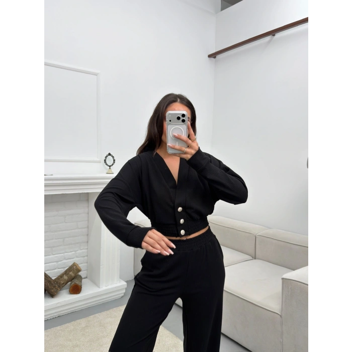 Kruvaze Hırka & Pantolon İkili Takım - SİYAH