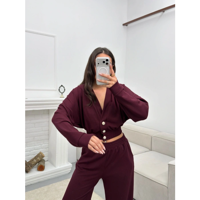 Kruvaze Hırka & Pantolon İkili Takım - BORDO