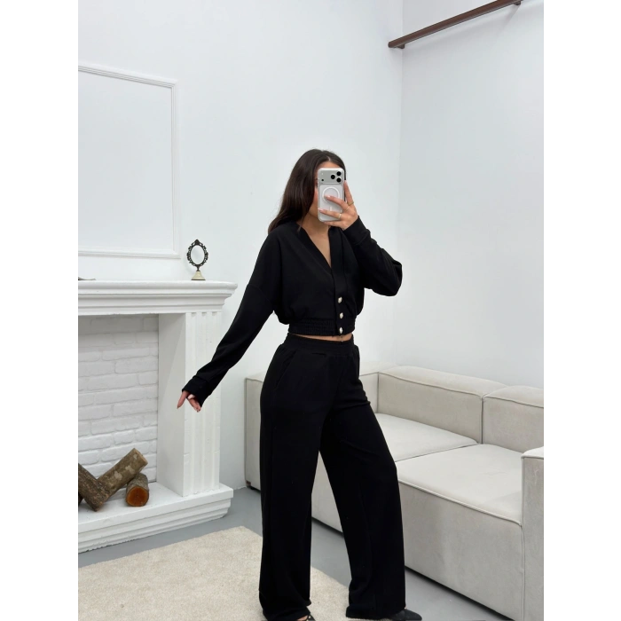 Kruvaze Hırka & Pantolon İkili Takım - SİYAH