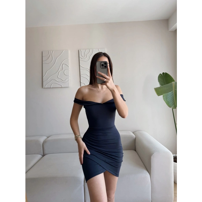 Kruvaze Kalp Yaka Elbise - LACİVERT