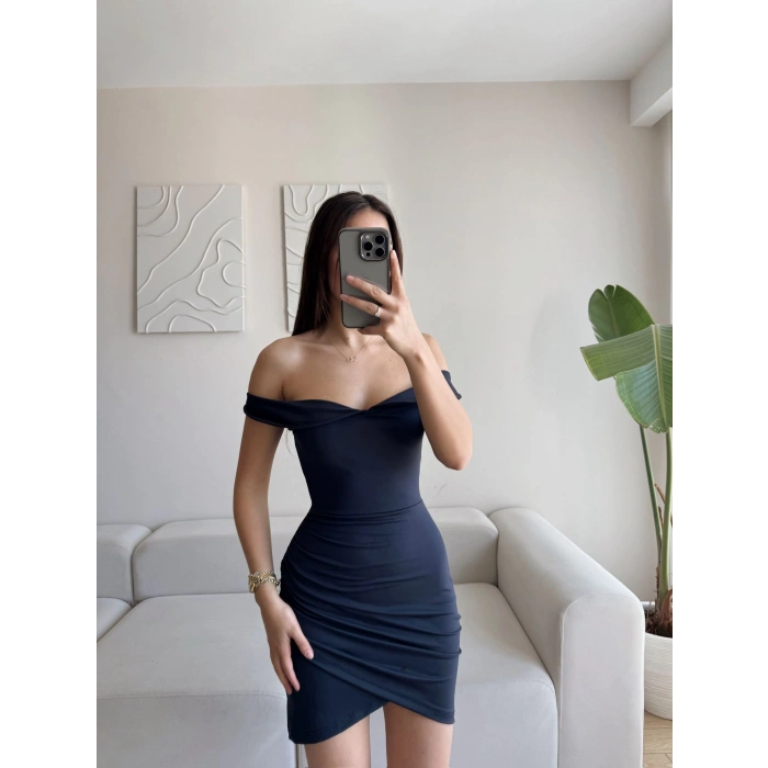 Kruvaze Kalp Yaka Elbise - LACİVERT