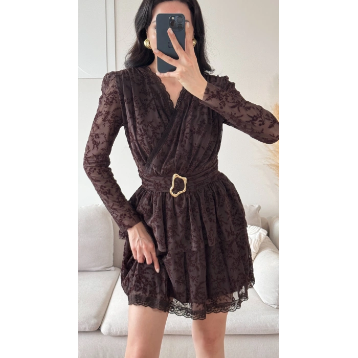 Kruvaze Kemerli Dantel Elbise - KAHVE