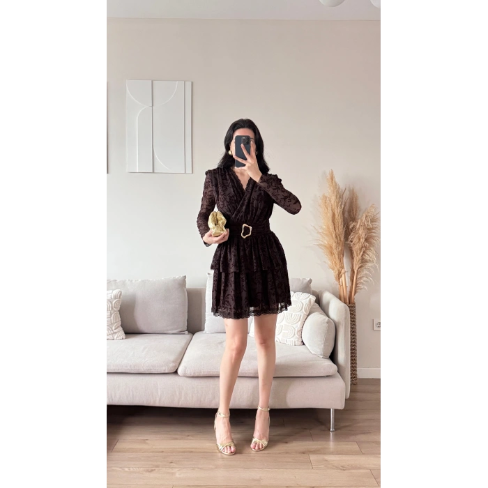 Kruvaze Kemerli Dantel Elbise - KAHVE